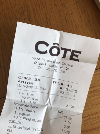 Chiswick receipt